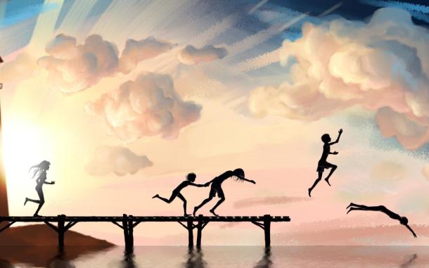 barn som hoppar från brygga